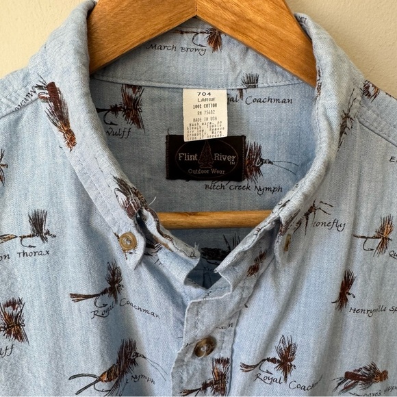 Flint River Outdoor Wear Fly Fishing Lure Cotton Denim Button Down Size L - Picture 3 of 5